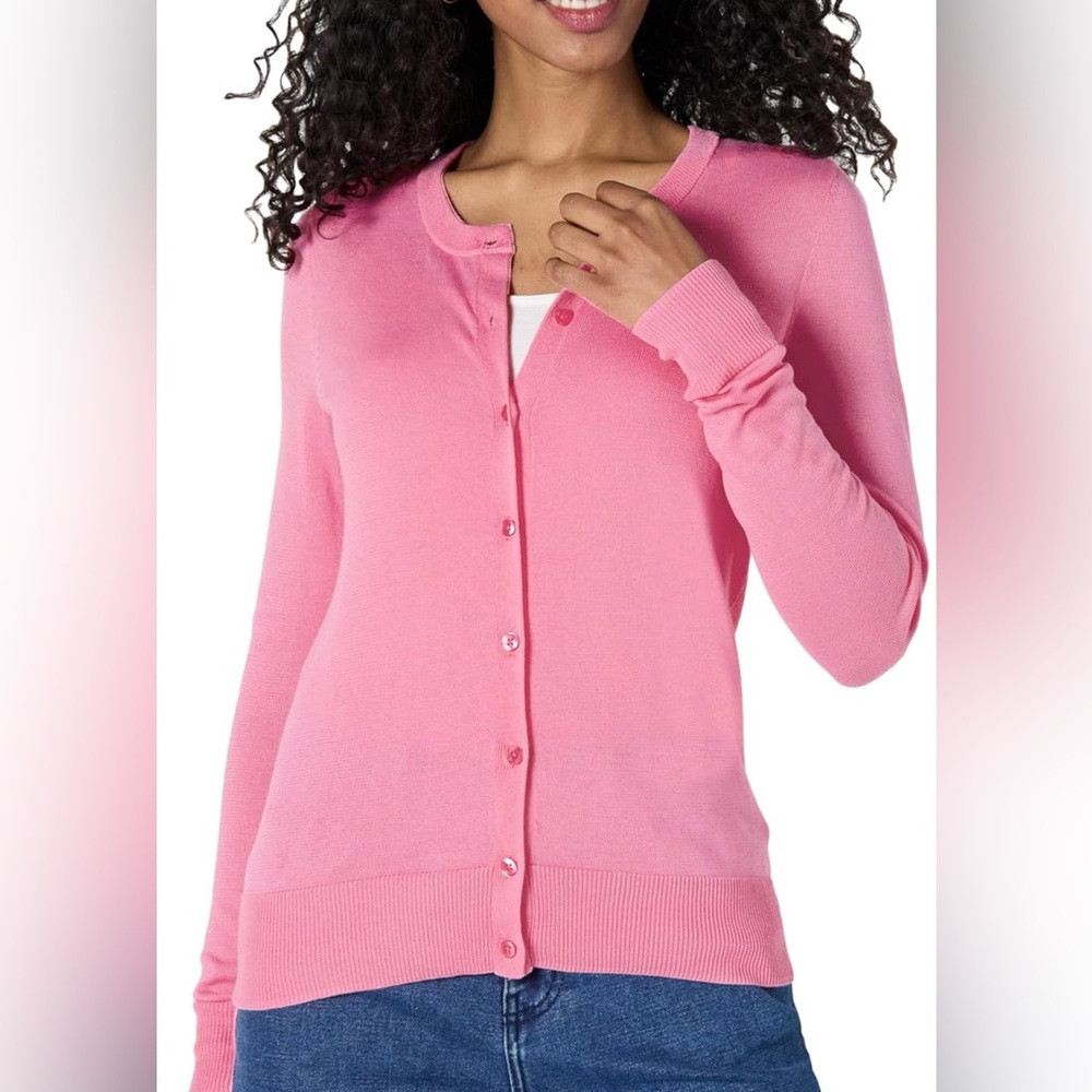 Amazon Essentials Pink Cardigan Sweater with Crew Neck